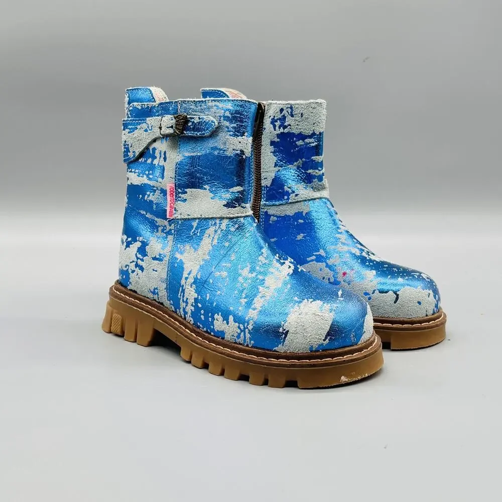Roberto Cavalli Boots Girls 11 Blue Metallic Angels Combat Zipper Lug Sole Shoes